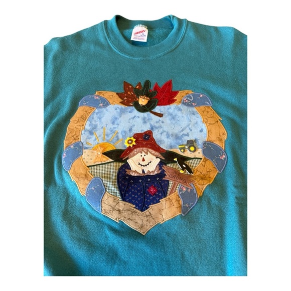 Vintage 80s Autumn Applique Sweatshirt Womens XL Scarecrow Pumpkin Granny Core - Picture 4 of 9
